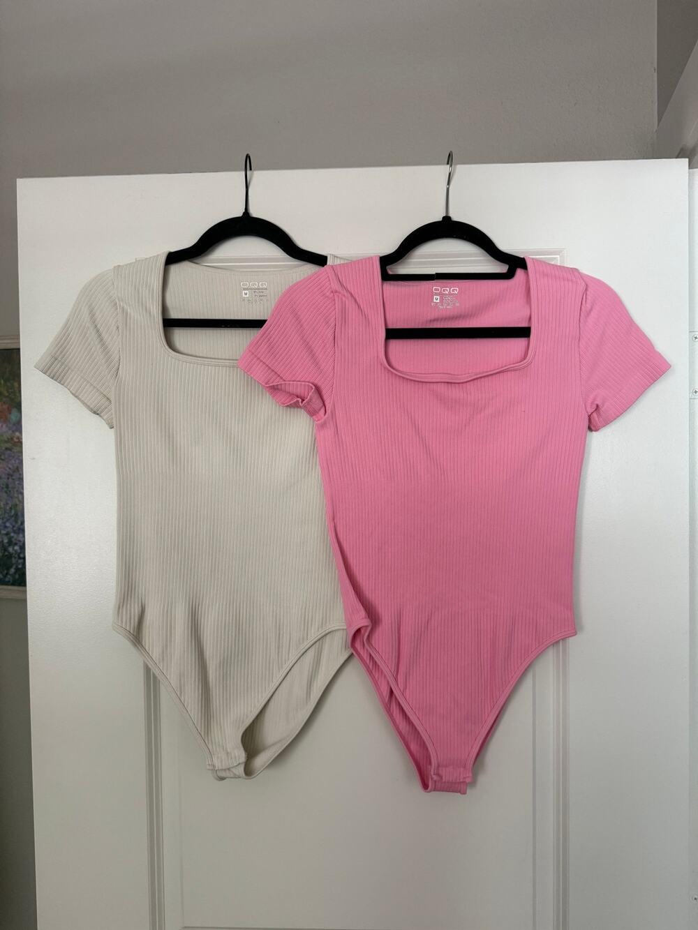 OQQ Women’s M Bodysuits Ribbed One Piece Square Neck Short Sleeve Pink Beige